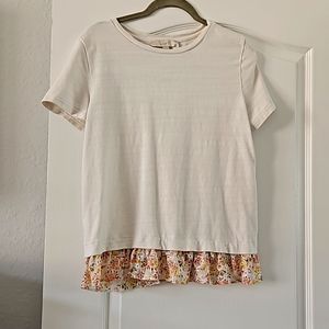 LOFT Ivory Mixed Media Knit Top with floral Eyelet Ruffle Size Small